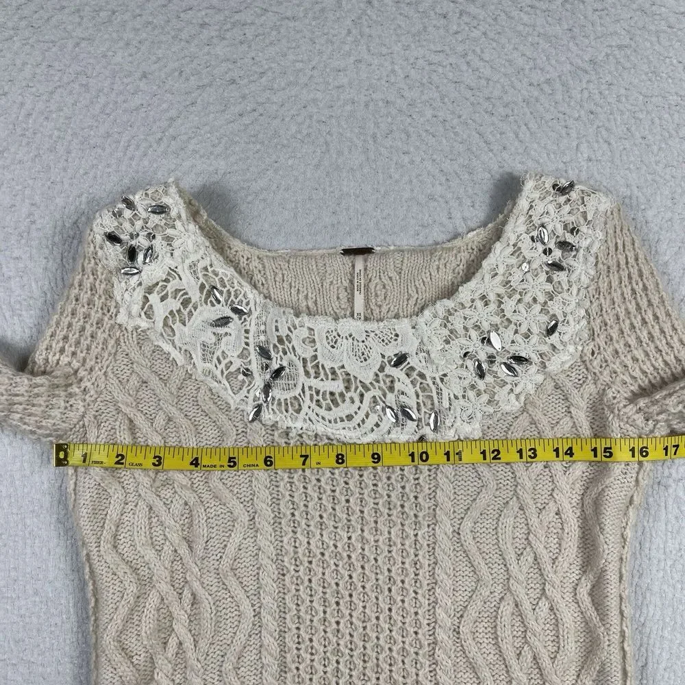 Free People Sweater Womens XS‎ Cream Cable Knit Lace Embellished Scoop Neck